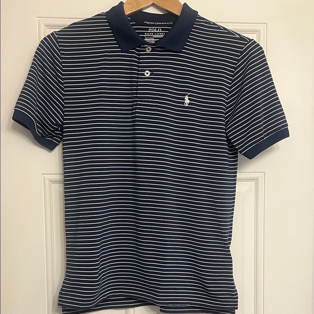 Ralph Lauren boys  Navy and White Striped performance Polo Shirt. Size M 10-12